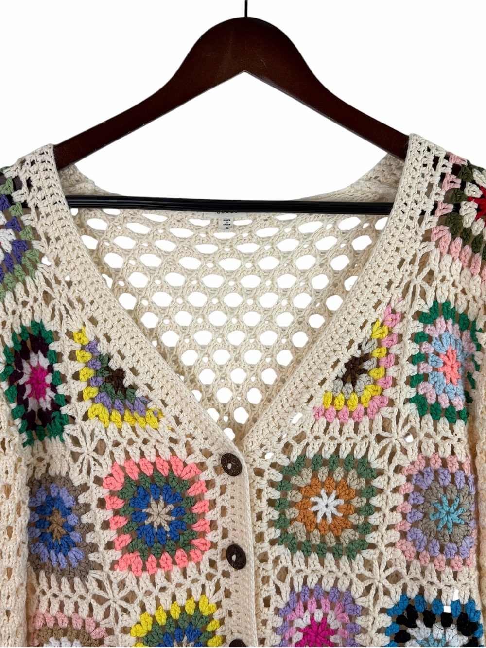 Debut | Cream Multi Color Granny Square Crop Open Knit Cardigan Sweater - Picture 2 of 8